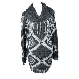 Dream Catcher Sweater Dress L Geometric Black Gray Cowl Neck Fringe (RK110)